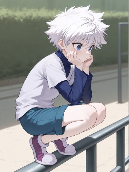 masterpiece, best quality, amazing quality, 1boy, solo,  <lora:IlluKillua:1> illukillua, white hair, blue eyes,  blue shorts, turtleneck, short over long sleeves, shoes, on railing, perching, squatting,
