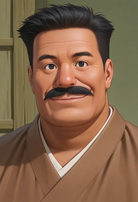 1boy, manly, portrait, looking at viewer, smile, photorealistic, tan, thick eyebrows,
BREAK
nobirunobi, old man, mustache, black eyes, black hair, plump,
BREAK
japanese clothes, brown belt, sandals, brown clothes,
BREAK
best quality, masterpiece, very aesthetic, absurdres, highest detailed, very awa, <lora:Nobiru_Nobi_from_late_Doraemon_oyama_edition_v1.0:1>