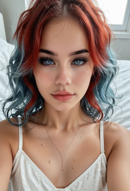 masterpiece, best quality, amazing quality, very aesthetic, high resolution, ultra-detailed, absurdres, newest, scenery,
Woman, solo, gradient blue hairs, with red highlights, long wavy hair, flipped top hair, asymmetric hair, blue eyes, hourglass body shape, curvy, heavy saggy breast, , lipstick, (black eyeshadow : 1.8),
masterpiece, best quality, amazing quality, very aesthetic, detailed eyes, perfect eyes, realistic eyes,
1girl, 25 years old housewife,blue eyes, body glistening with a light sheen of sweat, 
lying on a messy bed with clean white sheets, (face close up : 1.9), selfie pov, , focus on eyes, 
in a bright bedroom, sunlight streaming through the window and casting soft, warm light across her body,
detailed