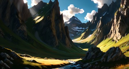 scenic andine meadow, rolling hills, rocks, (mountain spring:1.41), mountain backdrop, panorama, detailed landscape, (billowing:1.22) clouds of fogrocks, meadow grass, lush green, blue sky, warm light, golden hour, peaceful, untouched, natural beauty, wild, untamed, towering peaks, alpine scenery, clear stream, paradise,  (Sunny mid-afternoon, harsh, direct sunlight, strong shadows, warm, golden tones:1.21),Baroque art style, oil painting, (full body portrait:1.18), dramatic lighting, bold contrasts, twisting forms, intense emotions, rich colors, lavish ornamentation, ornate details, extravagant, grandiose, theatrical, exaggerated, sensational, passionate, sensual, sinuous curves, allegorical, mystical, religious themes, heroic figures, powerful compositions, rhetorical, rhetorical devices, dynamics, space, perspective, chiaroscuro lightingtrending,  (crisp:1.44)), , dappled sunlight, detailed, highres, 8k,, (uncanny:1.36),  high realism,   sharp focus,    <lora:sdxl\add-detail-xl.safetensors:0.9500000000000001:0.4> <lora:sdxl\incase_style_v3-1_ponyxl_ilff.safetensors:0.88:0.3> <lora:sdxl\Hyper_Realism_Pony_XL.safetensors:0.9:0.25>