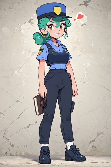 score_9, score_8_up, score_8, medium breasts, (curvy), cute, eyelashes,       ,,, ,  zzJenny, brown eyes, hair between eyes, green hair, long hair, ponytail, short hair, police uniform, policewoman, shirt, police hat, blue shirt, collared shirt, black pants,  <lora:JennySunMoonPDXL:1>, , BREAK, socks, big shoes, ,,, smile, looking at viewer, cowboy shot, ,,, embedding:zPDXL, Expressiveh, ,,, <lora:CuteToonPDXL:0.8>, <lora:SDXLFaeTastic2400:0.5>, <lora:Expressive_H-000001:0.4>,