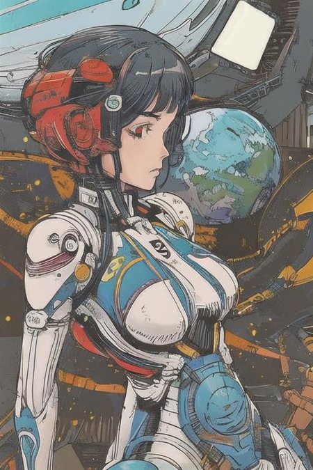 2d artwork, line artwork, comic aesthetics, 1girl, gorgeous, spacesuit mech, looking at viewer, surreal, breathtaking high-tech hardware background, line noise, ancient, retrofuturism, old comic paper, 1girl, beautiful face, spacesuit mech, short hair, red eyes, black epi-space-suit mech, earth, universe