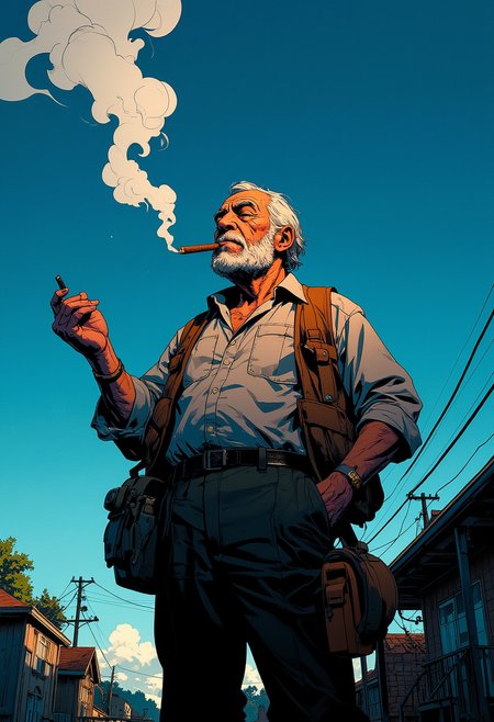 Detailed anime style, an old man smoking a cigar after hard labour day, tired, satisfied,  outside in the front yard, large white smoke in the wind, blue background, comics render, illustration, 2d character, (<lora:mhk_comics:1>), flat render, outline, master piece, intricate, (simple background, black background:1.5), rim lighting, dimlight