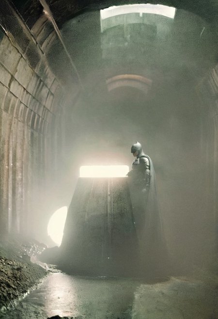 portrait, close up, batman, underground,in a large sewer pipe, looking at viewer, laughing, maniacal laughter, dark, chiaroscuro, low-key, low saturation