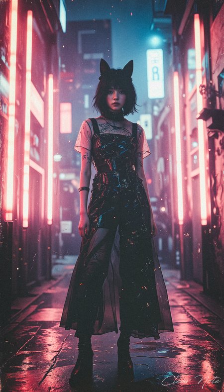 Neo Photorealistic Art Style, A Japanese girl with long fox ears and flowing black hair stands confidently in futuristic fashion. Surrounded by a maze of glowing tube lights, she embodies Neo-Japan surrealism, blending avant-garde style with cutting-edge elegance.