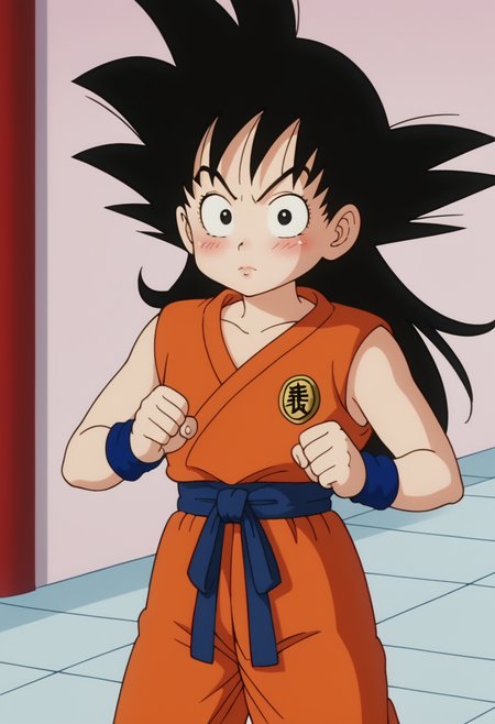 score_9, score_8_up, score_7_up , , source_anime, intricate details, masterpiece, high quality, prefect hands, best quality,, 1girl, solo,  upper body , anime screencap,
,Martial Arts Tournament Stadium,
, GGoku , black hair, black eyes, big eyeballs , spiked hair , long hair  ,    eyelash , lips  , cute , blush ,  small breast ,   chibi , <lora:GGoku-000003:0.7>,
, cute pose , 
orange dougi, blue sash, blue wristband, sleeveless , orange pants, orange topwear,