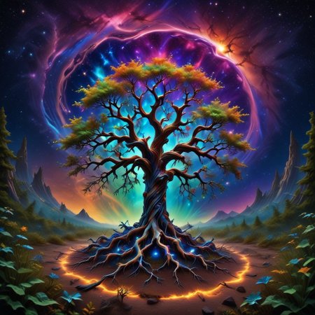 white huge tree grows from the black hole in the center of galaxy, fluorescent leaves, white glowing bark, alien colorful planets grow on branches of the tree, life energy flows through the roots of the tree, space, cosmic scenery, clouds of cosmic dust around, black background, hyperrealistic, photorealistic, atmospheric scene, depth of field, 8k quality, extreme detailed, colorful, award-winning masterpiece, abstract beauty