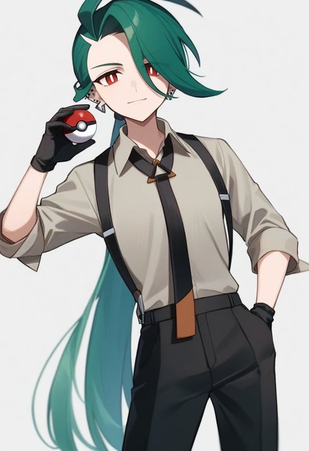 masterpiece,best quality,very aesthetic,absurdresï¼<lora:rika_(pokemon):1>,1girl, simple_background, collared_shirt, hand_up, suspenders, poke_ball_\(basic\), reverse_trap, multiple_earrings, black_necktie, white_pupils, white_background, hand_in_pocket, rika_\(pokemon\), flat_chest, black_gloves, androgynous, grey_shirt, cowboy_shot, holding_poke_ball, commentary_request, black_pants, sleeves_past_elbows, solo