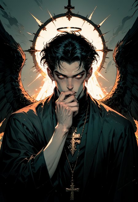 score_9, score_8_up, score_7_up, 2boys, manly, hand in mouth, black hair, priest, solo, looking at viewer, short hair, 1boy, holding, monochrome, greyscale, male focus, wings, hand up, grey background, glowing, halo, feathered wings, black wings, angel, red lighting, dark aesthetic <lora:sdxl_lightning_8step_lora:0.9><lora:Art_Adams_Style_Pony_XL:0.5><lora:Dark_Anime:0.3><lora:glowneon_xl_v1:0.4> <lora:nostalgia-000011:0.3>  <lora:GRIM_v1:0.5>  <lora:Sinozick2:0.3>