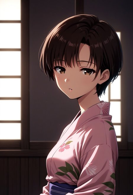 (solo:1.0) score_9,score_8_up, newest,beautiful eyes, beautiful hair, beautiful skin, cinematic lighting, aesthetic, rating, sensitive, side view,   
,Maya Ibuki, , brown eyes, dark-brown hair, asymmetrical bangs, short hair, undercut hair, skinny, small breast,
yukata, floral printed yukata, pink yukata, flowers, looking at viewer, parted lips, tilt head, looking at viewer, half-closed eyes, , shiny skin,