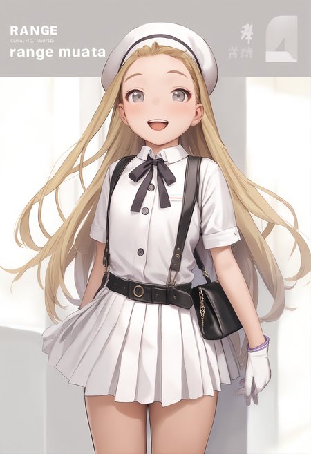 1girl, 
murata range, 
open mouth, buttons, smile, handbag, bag, grey eyes, solo, gloves, beret, skirt, shirt, copyright name, dress shirt, blonde hair, flat chest, neck ribbon, very long hair, ribbon, looking at viewer, white shirt, belt, blush, suspenders, suspender skirt, long hair, pleated skirt, hairband, hat, cowboy shot, character name, white hairband, white skirt, 
masterpiece, best quality, newest,  safe
 <lora:murata_range_image737_2024-03-28_a31:1>