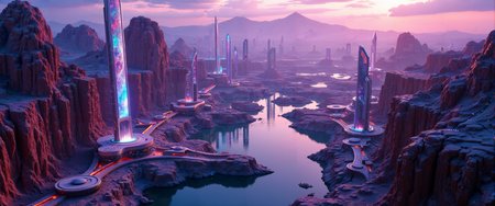 Sweeping aerial panorama, high-altitude view of a futuristic urban district interwoven with rugged natural rock canyons. Expansive terrain featuring textured, weathered cliffs juxtaposed with sleek, abstract geometric monuments and reflective urban waterways. Neon luminescence, dazzling digital signage, and delicate water features scattered throughout. Dramatic atmospheric lighting, enriched by cosmic purples, warm ochres, and deep cyans. Intricate textures, hyper-detailed rendering, 8k resolution, cinematic framing, masterpiece quality, advanced digital artistry, evocative color palette, surreal spatial dynamics, expansive composition, breathtaking bird's-eye perspective, visual extravaganza. <lora:bm-goth_epoch_1:0.7> <lora:é»è²å¹»æ³_1.0:0.6> <lora:flux_dev:1>