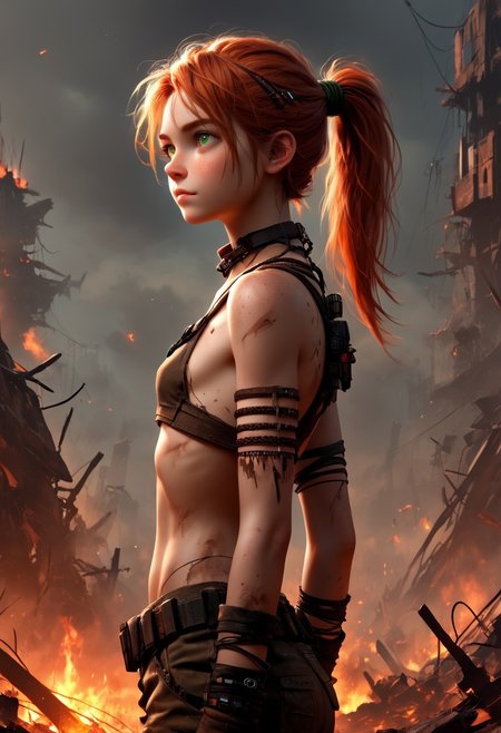 1woman, Masterpiece, 4k, ultra high detail, score_9, score_8_up, score_8, 21yo,  small breast size, long red ponytail hair, fcNeg, stunning green eyes, freckles, white skin, small nose, innocent beauty, slim face,  skinny body, 
Native Tribal clothes, Waterworld_clothes, armed with a thin_long_metal_spear, 
Dark sky, burning sky, nighttime, night, burning skyscraper, asteroids in sky, 
Sideview,  Apocalyptic scene, burning skyscraper, burning city, destroyed cars, 
End of the World, 
negative_hand, NightScapes,