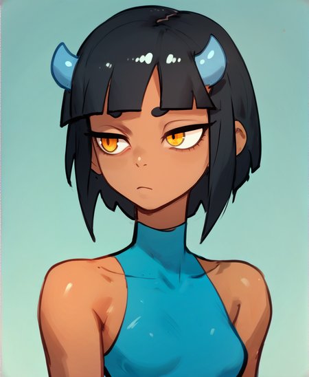 score_9_up, score_8_up, score_7_up, solo focus, portrait, headshot, <lora:Expressive_H:.8>, Expressiveh, 1girl, <lora:mephia_XL-04:.8>, mephiacolo, short hair, black hair, blunt bangs, yellow eyes, dark skin, blue horns, small breasts, , tube dress
,  <lora:Vikings_Rapscallion_Lora:.85>, Rapscallion Style