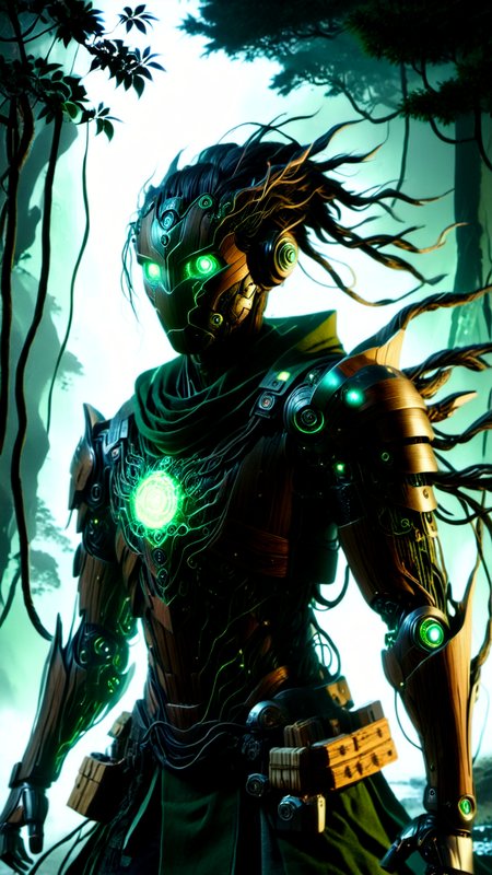 Hyperrealistic art cinematic film still photography in the style of detailed hyperrealism photoshoot, a wandering wooden android warrior that is a combination of wood and micro electronics, walking through the street of an ancient traditional Japanese naturepunk town, (nighttime, night shoot, starry sky, dark sky:1.5), (glowing green eyes:1.3), (his wooden armor has electronic green glowing veins:1.3), covered in glowing roots and wires and vines, small green gems, he holds an ancient scimitar at the ready, bold lines, hyper detailed, shallow depth of field, vignette, highly detailed, high budget, bokeh, cinemascope, moody, epic, gorgeous, film grain, grainy, extremely high-resolution details, photographic, realism pushed to extreme, fine texture, incredibly lifelike,<lora:sd_xl_dpo_lora_v1:1.0>,  <lora:NaturePunk_SDXL:1.0>, Naturepunk,   <lora:Bio-Luminescence:1> bioluminescent, glowing,  <lora:- SDXL - holo_effect_V1.0:1>,  <lora:CyberLight:1> CyberLight,