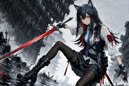 score_9, score_8_up, score_7_up, 1girl, solo, ultra detailed, amazing quality, best quality, texas (arknights), dynamic angle, dynamic pose, very detailed eyes, yellow eyes, long hair, black hair, wolf ears, expressionless, black vest, white frilled shirt, blue necktie, black gloves, black skirt, black pantyhose, black knee boots, holding weapon, red sword, rain, wet clothes, dark background, <lora:add_detail:1> <lora:Expressive_H:1>