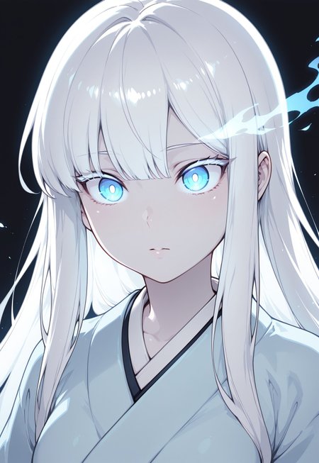 masterpiece,best quality,amazing quality, anime,
1girl, solo, A close-up of a serene anime girl with pale skin, colored skin, (white skin:1.3, long glossy white hair with bangs, long white hair, glowing blue eyes with a hypnotic effect, soft warm lighting, wearing a light blue kimono, mysterious and cozy atmosphere, detailed hair texture, cinematic lighting, dark background, ultra-detailed, 8k resolution