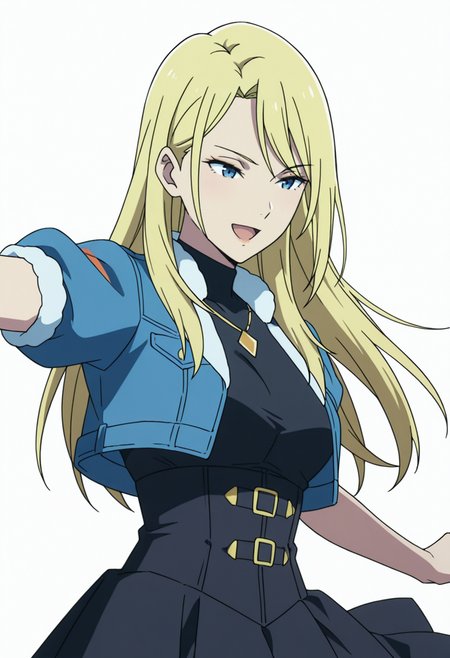 Smooth Quality,masterpiece,very intricate, high quality details, ultra realistic, high detailed skin,detailed enviorement,absurdres,anime screencap, 
simple background, white background, dancing, 
 <lora:Moonbeams_Manager_CNR:0.7> moonbear_cnr, 1girl,blonde hair, long hair, blue eyes,, disappointed,, :d,, crop jacket,  ,compression shirt,  ,high-waist skirt,  ,