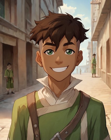 score_9,score_8_up,score_7_up,  <lora:Kai:0.8>, 1boy, Kai, brown hair, undercut, green eyes, dark skin, earth kingdom clothing, smile, looking at viewer, outdoors, upper body, official art, official style,