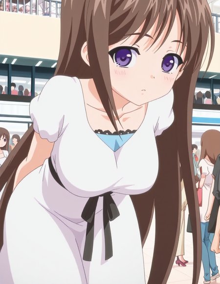 masterpiece, best quality, amazing quality,, <lora:marina-akizuki-ova-illustriousxl-lora-nochekaiser:1>, marina akizuki, long hair, brown hair, purple eyes, mature female, breasts, anime screencap, dress, ribbon, collarbone, short sleeves, white dress,, hands behind back, bent over,, mall, shops, people, shopping, big, cowboy shot, solo, looking at viewer