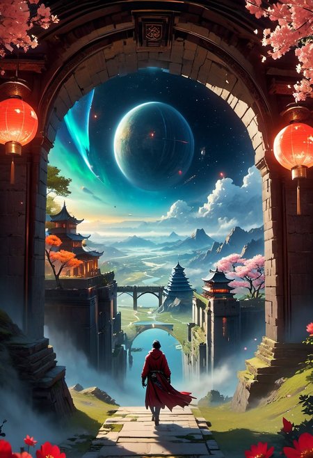 WLOP art style, Ancient,apocalypse,  unreal engine 5 style, star war, outdoors, The castle floating in the air, outer space planet, sky gate,  human, bulding night, meteor aurora , flower, top-down view, firefly -ar 9:16, high saturation, high contract, gold silver dragon
