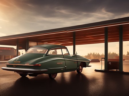 gas station with oldtimer car, retrofutur5-400, carhelper, god rays, dust particles, volumetric lighting, 10mm, perfect composition, depth of field, sharp focus, centered, photohelper midjourney