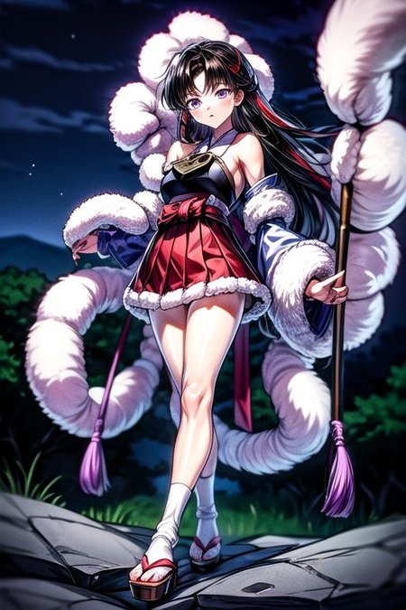 masterpiece,  best quality 1girl Setsun4 solo long hair,  (night time) forest background black hair very long hair purple eyes multicolored hair armor (fur trim) (medium body),<lora:EMS-179-EMS:0.800000>,<lora:EMS-293862-EMS:0.800000>ascot, bare shoulders, black footwear, detached sleeves, embellished costume, frills, japanese clothes, nontraditional miko, red skirt, sandals, sarashi, skirt, socks, armor, miko