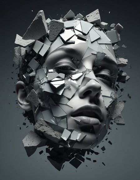 A 3D render of an abstract and surrealist portrait of a face in a state of disintegration or transformation. The face is composed of small, fragmented pieces, resembling shards of glass or broken stone, each piece holding a unique texture and shade. The pieces are dispersed throughout the image, with some clinging to the face and others floating in the surrounding space. The monochromatic color palette, predominantly in shades of gray, gives the image a somber and mysterious aura, reflecting the complex emotions and inner turmoil of the subject.
