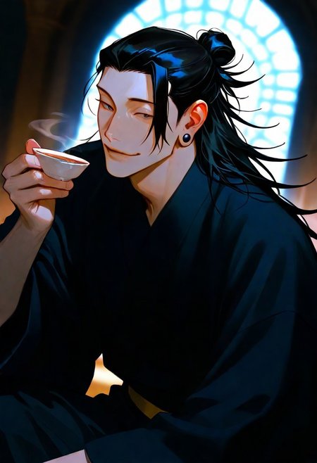 1boy, black hair, beautiful, {{detailed eyes}}, {long hair|man bun} \(hairstyle\), black top, {{detailed face}}, semi-realistic painting, {{aesthetic}}, {{{best quality}}}, stunning, soft features, looking at viewer, wide angle, dark, {smug} \(expression\), sitting, in the temple, drinking traditonal japanese tea, getou suguru, male focus, ear piercing, black kimono <lora:DetailedEyes_V3:1>