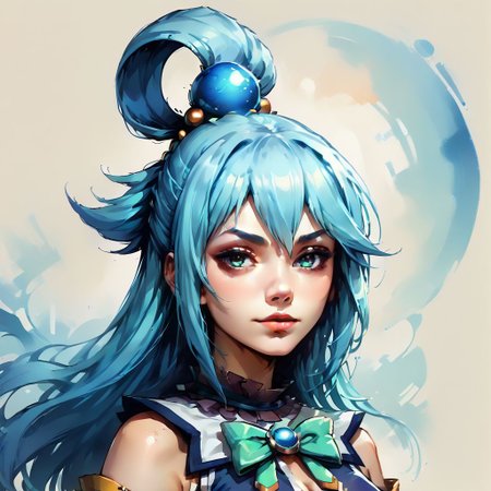 Faded Headshot, faded bottom, faded edges ,score_9,score_8_up,score_7_up,score_6_up,score_5_up,
1girl, Aqua(/Konosuba)/,(ultra HD quality details), pale skin, blue eyes, blue hair, long hair, hair ornament, hair rings, single hair ring
blue footwear, blue hair, blue thighhighs, boots, detached sleeves, thigh boots, thighhighs, white thighhighs, thighhighs, bare shoulders, blue skirt, blue shirt, green bow,
detailed, skin, texture, detailed skin texture, 
, digital illustration, rule 63, full body, perfect anatomy, perfect face, butt showing esthetically, abstract beauty, beautiful, centered, looking at the camera, approaching perfection, dynamic, moonlight, highly detailed, watercolor painting, artstation, concept art, smooth, sharp focus, illustration, 
(upper body:1.2), (close up:1.5), portrait, huge breasts, deep cleavage,