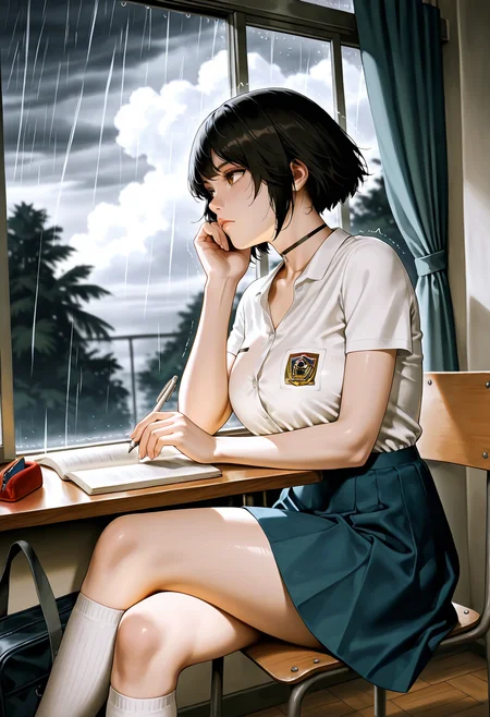 masterpiece,best quality,amazing quality,<lora:Linda_IL:1> LindawaifuIL, solo, black hair, emblem,  brown eyes, choker,  short sleeves,  blue skirt, short hair,  bob cut, school uniform,  wide curvy, medium breasts,sitting, window, bag, chair, curtains, classroom,indoors, school bag, head rest, kneehighs, socks,  paper, looking up, long sleeves, pencil case, school chair, tropical tree, cellphone, depth of field,pencil, blurry, hand on own cheek, hand on own face, wooden floor, table, phone, pen, mechanical pencil,closed mouth,  book, from side, smartphone, looking outside, holding, wind, collarbone,  buttons, crossed legs, open window, on chair,  arm rest,arm support,  looking to the side, shoulder bag, solo focus,  feet out of frame, dutch angle, open book, sky, blurry background,looking afar,  hand on own chin, elbow rest, holding pen, cloud,  rain outside, perspective, heavy tropical rain, thunder rumbling, stormy clouds, realistic,