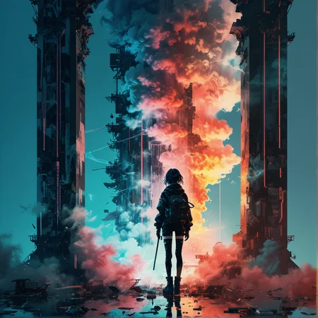 sci-fi, illustration, <lora:EnvyKyotopunkXL01:0.5>, kyotopunk:0.3 <lora:EnvyShadowMinimalismXL01:0.25> (shadow minimalism:0.2), sharp lines, different colors, <lora:welcoming_ntc:0.5>, stunning life-sized mate, in infernal palace, glitchy Cloud Burst Blue background, Exhaustive, (rainbow color palette:0.4), <lora:MJ52_v2.0:1> (cinematic:2.0),  <lora:Double_Exposure:1>