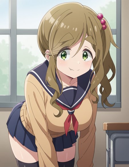 score_9, score_8_up, score_7_up, source_anime, <lora:aoi-inuyama-s3-ponyxl-lora-nochekaiser:1>, aoi inuyama, long hair, brown hair, hair ornament, green eyes, fang, side ponytail, hair bobbles, skin fang, thick eyebrows, large breasts,, skirt, thighhighs, long sleeves, school uniform, pleated skirt, serafuku, black thighhighs, sailor collar, sweater, motosu school uniform,, indoors, bent over, smile,, looking at viewer, solo, cowboy shot, dutch angle