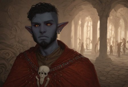 solo, short pointy ears, piercings, random elf face, aquiline features, male dark elf, masculine, long beard, weathered skin, large nose, athletic build,  animated realism, zoomed out, Syrian features, torso, brass pipes and gears, intricate architecture, dwarven masonry, dwemer fixtures, white-green light, gloomy lighting, ancient ruins, interior, stone tiled floor, grey-blue skin, mahogany and ivory clothes, medium armor, bone plate armor, ivory straps and fittings, grey wood neckguard, dark red sclera, black pupils, distant mushroom forest, blue-green light, neon, highly detailed, defined features, looking at viewer, three quarters view, from front, dynamic lighting, 56 years old, light and shadows, patterned cloth, annoyed expression, expressive eyes, detailed medieval clothes, short hair, wavy hair, thick hair, beaded hair, braided hair, under cut hair, semirealistic, alien elf, spanish features, jewish features, black hair, dark red hair, umber skin, sharp features, pastel green berber print cloak, nighttime, high detail, absurdres, pretty eyes, detailed eyes, yellow eyes,