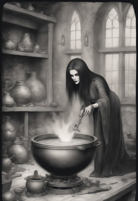 (masterpiece, best quality, ultra-detailed),  Elvira, Mistress Of The Dark prepares a potion in a cauldron, by Jean-Baptiste Monge