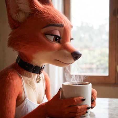 score_9, score_8_up, score_7_up, furry, furry girl, 1 girl, 21year old, anthro, Papr1ka, furry female, fox girl, fox ears, animal ear fluff, brown eyes, mole, snout, animal nose, black collar, body fur, two tone fur, fox tail,<lora:Paprika_v03_NAIXL:0.8>,  sexy girl, 1girl, solo, Zootopia, furry, anthro, detailed fur, wholesome, kitchen, hot coffee, tired, sleepy, floral pyjamas, dynamic angle, close-up, highres, best quality, kftenhance, close-up, <lora:Expressive_H:0.4>  <lora:princess_xl_v2:0.3> <lora:Zootopia:0.4>