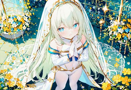 Best quality, masterpiece, fantasy flower garden, view from above, one petit priestess girl with flat chest, shining hands bound in prayer, standing upright, detailed light green long loose hair, priestess' veil, cute smooth face, gentle smile, detailed light blue eyes, detailed make up, jewelry, pure white clothes, shawl, white turtleneck leotard with long sleeves and gloves, slim waist, slim belly, thick clavicle, micro skirt, thick hips, thick thighs, white tights, heels
