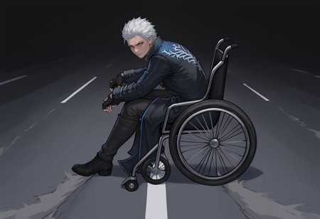 masterpiece, best quality, full body, from side, male focus, solo, 1boy, vergil \(devil may cry\), devil may cry 5, serious, looking at viewer, ak1rasl1de, sitting, wheelchair, white hair, blue eyes, black coat, long sleeves, black gloves, fingerless gloves, black pants, black footwear, road
<segment:yolo-Anzhc Face seg 640 v2 y8n.pt,0.4,0.5//cid=1>