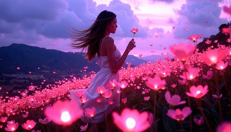 m4d1s0n,
A young lady stands on a hill covered in luminescent flowers, with exotic vegetation surrounding her. A strong wind blows through her long hair, sending petals and leaves swirling through the air. The setting is a magical twilight, with the sky painted in deep purples and pinks. The scene is captured in extreme realism, with intricate details in every element, from the glowing flowers to the sharp background. Adjust the woman’s hand to gently touch or interact with a flower, adding a sense of connection to the environment.Add delicate, intricate shadows from the flowers and leaves onto the woman’s skin, enhancing the interplay of light and shadow.Introduce more layers of vegetation with varying heights and densities, creating a richer and more textured environment.Add more texture to the clouds, with subtle color shifts and details that draw the eye upwards.

The image is vibrant and serene, with no depth of field, ensuring sharpness throughout the wide shot, rendered in high resolution HDR. madi































