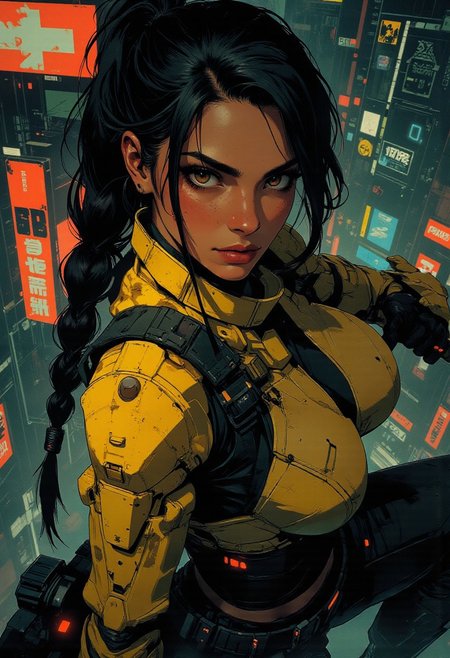 magnificent, closeup portrait, female bounty hunter, braided black hair, futuristic armor, halo spartan, spartan armor, sexy, curvy, large breasts, large ass, aiming a sniper rifle, sniper rifle, aiming rifle, holstered pistol, Cyberpunk City, Neon Lights, foreshortening,
looking at viewer, solo, 
Cowboy Shot, close up, from above,