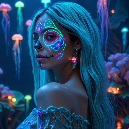 IMG_0012.JPG, Woneon_facepaintflx, A mesmerizing woman with glowing teal hair and an ocean-themed sugar skull face paint, neon-blue and turquoise accents creating an ethereal glow, standing underwater with glowing neon jellyfish and coral surrounding her, wearing a flowing neon-blue dress made of bioluminescent fabric, photo-realistic