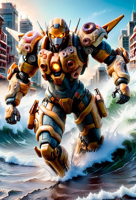 d0nu71f13d, made of doughnuts, Heavy Mech,  Cyborg, Robot, Power Armor, Tactical, Advanced Gear, Power Suit, Exoskeleton, Advanced Gear, Futuristic, action shot, easynegative, ninja mech running away from a massive tsunami wave of coffee, mech running through a city, surrounded my donut building, a tsunami wave towering in background, tsunami wave of coffee, wave towering over buildings