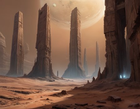 In the desolate expanse of a far-off planet, colossal ruins of sandstone structures stood as silent witnesses to an ancient civilization's demise, b3ks1n