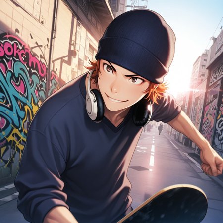 masterpiece, best quality, amazing quality, absurdres, newest, detailed background, definition so sharp, Ultra-HD, 8K cinematic, very awa, impressionate, amazing quality, highres, 
solo, male focus, manly, 
1boy, short hair, beanie, headphone around neck, misaki_orange hair, misaki_brown eyes, misakiyata, street art, graffiti, urban setting, sunny day, lens flare, motion blur, youthful, dynamic, active, mid-air, skateboard, energetic pose, cheerful smile,