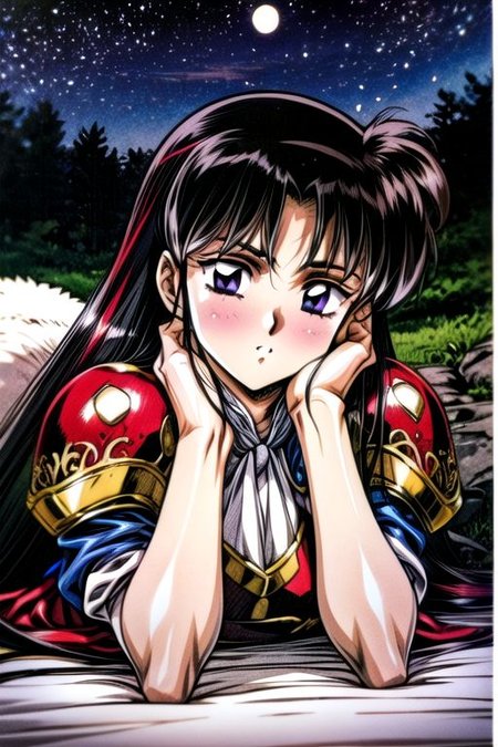 best quality 1girl Setsun4 solo long hair,  (night time) forest background black hair very long hair purple eyes multicolored hair armor, small, (fur trim) (medium body),<lora:EMS-179-EMS:0.800000>,<lora:EMS-293862-EMS:0.800000> bow, hair_bow, hair_tubes, red_bow, brown_hair, long_hair, bangs, ascot, frilled_bow, yellow_ascot, blush, smile, hair_between_eyes, athletic, armor, miko, ,(((intricate outfit,intricate clothes,embroidered outfit,ornate outfit,embroidered clothes,ornate clothes))), laying down, lying down