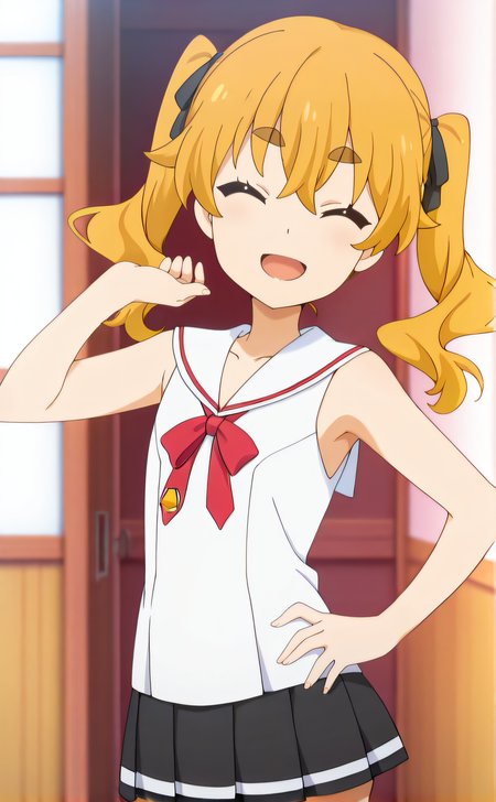 masterpiece, best quality, highres, newest, 1girl, solo, official style, anime screencap <lora:IL_Hikaru:1>, hikaru, yellow hair, twintails, thick eyebrows, closed eyes, school uniform, red ribbon, sleeveless, pleated skirt, miniskirt, looking at viewer, smile, indoor, cowboy shot, hand up, open mouth, armpit