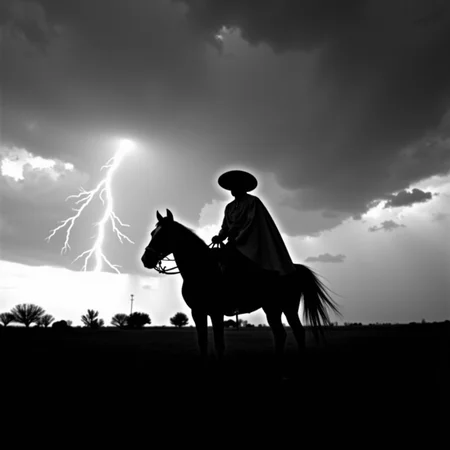 <lora:Mexican Noir Style-flux:1> mxnoirsty, black and white, dark,  The Charro and the Storm (Captured on a 1940s Speed Graphic, Strong Side Lighting for a Dramatic Silhouette)
Lightning streaks across the sky as a lone charro rides across an open field, his silhouette sharp against the turbulent clouds. His serape billows behind him, and the gleam of his silver spurs catches the last light of day. The approaching storm adds tension to the scene, as if the very land is alive with anticipation. Shot with a Speed Graphic camera, the long exposure captures the raw energy of the moment, emphasizing the drama and power of both man and nature.