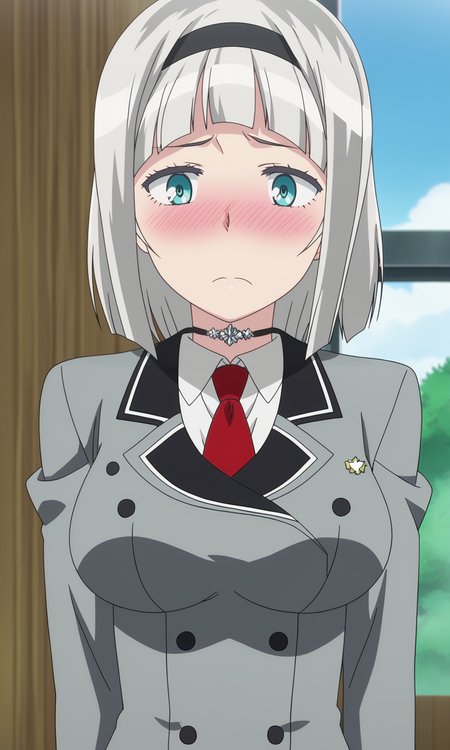 1girl, solo, masterpiece, best quality,  detailed face,detailed body,anime screencap,
 <lora:AnnaNishikinomiya_16XL:1> shimoneta, anna_nishikinomiya, 1girl, solo, short hair, grey hair, hairband, blush,  choker, breasts, large breasts, , school uniform