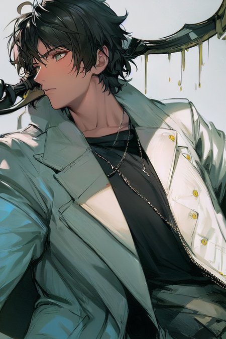 (solo:1.5),(masterpiece:1.5),(best quality:1.5),(bust:1.3),Amazing,beautiful detailed,extremely detailed wallpaper,extremely detailed CG unity 8k wallpaper,extremely delicate and beautiful eyes,{{1boy}},male_focus, thorns,weapon,jewerly,black t-shirt,street,dynamic pose,