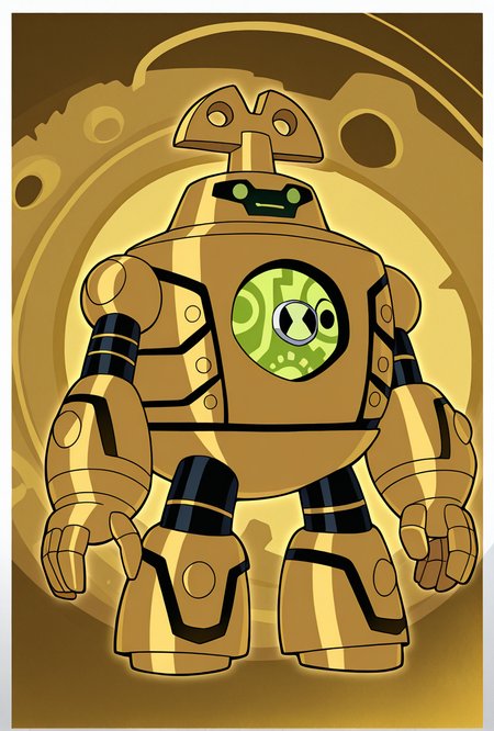 <lora:clockwork-10:1> clockwork, robot, solo, no humans, green eyes,  golden background,  White borders, no legs, gears background,, masterpiece, best quality, amazing quality, very aesthetic, absurdres, newest,